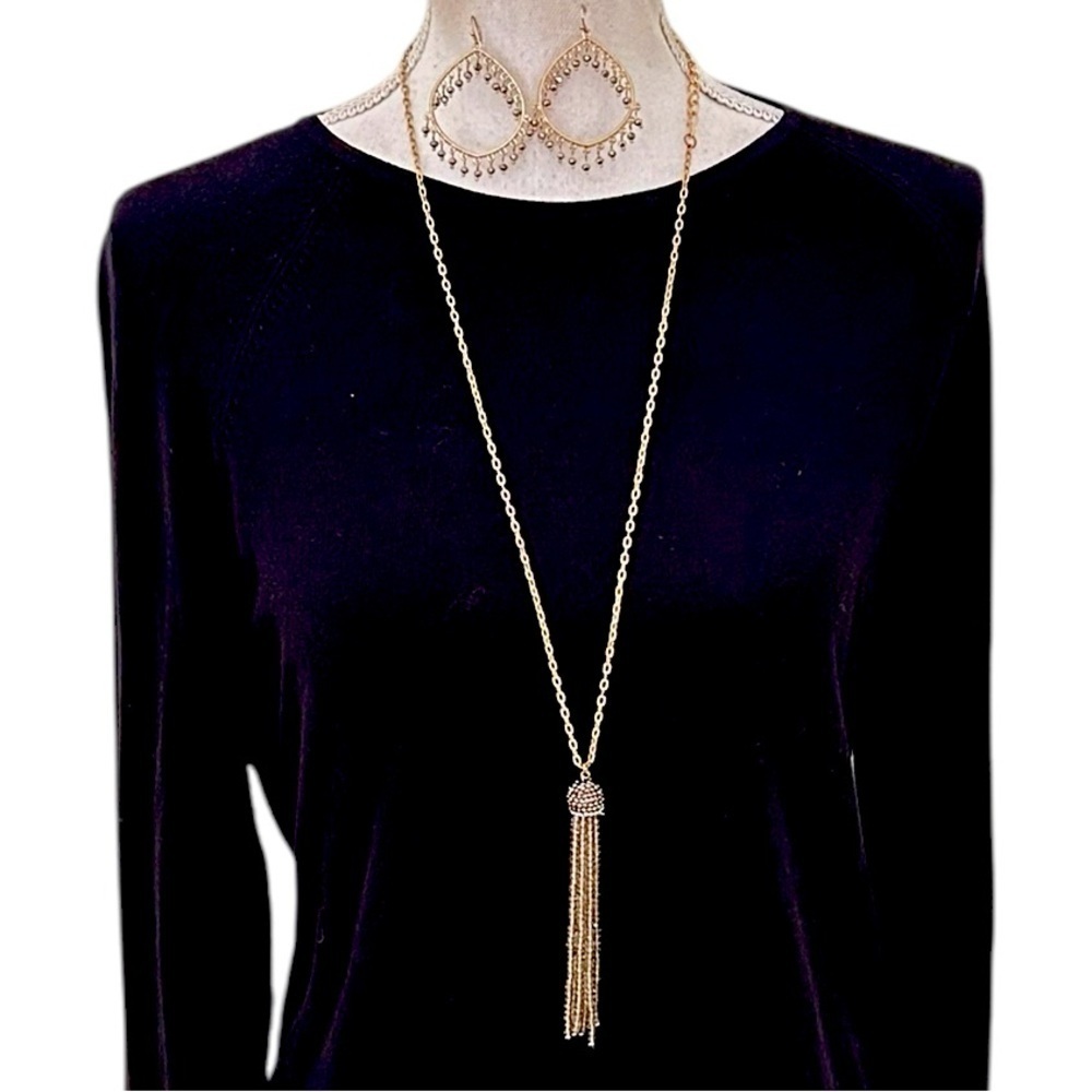 Set of long gold tone necklace topaz beaded tassel & pierced dangle earrings